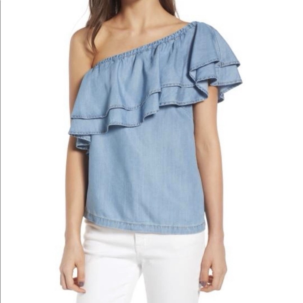 Chelsea 28 One Shoulder Ruffle Chambray Top Womens XS Western Boho Cowgirl Fall